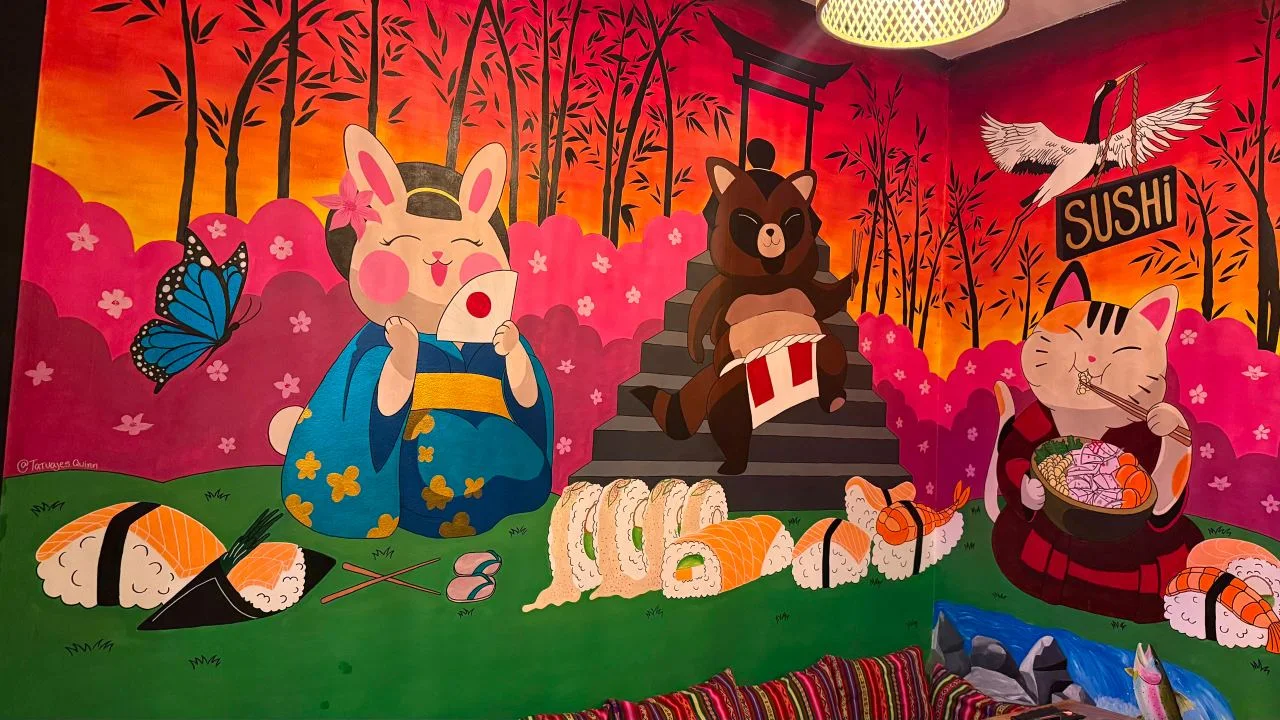 Mural ilustrado en un restaurante de sushi