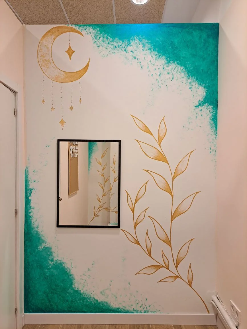 Mural botánico turquesa y dorado